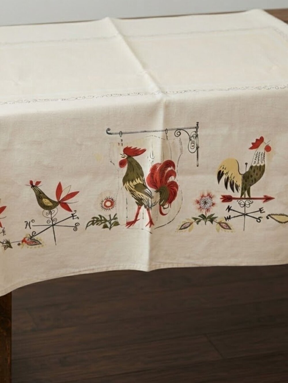 Vintage Tablecloth with Rooster Weather Vane Design 52 x 70 inches